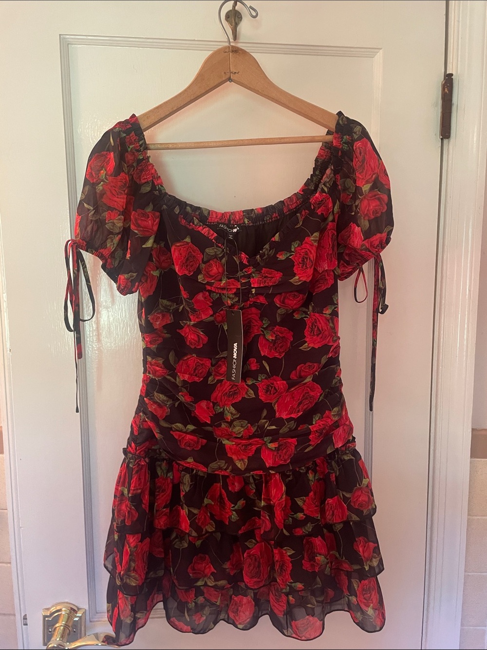 NWT Fashion Nova Black Mini Dress with Red Rose Print